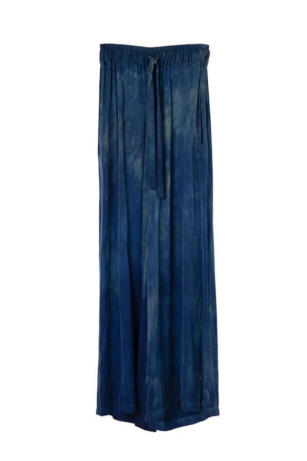 front of wide leg silk drawstring pants in sapphire blue color
