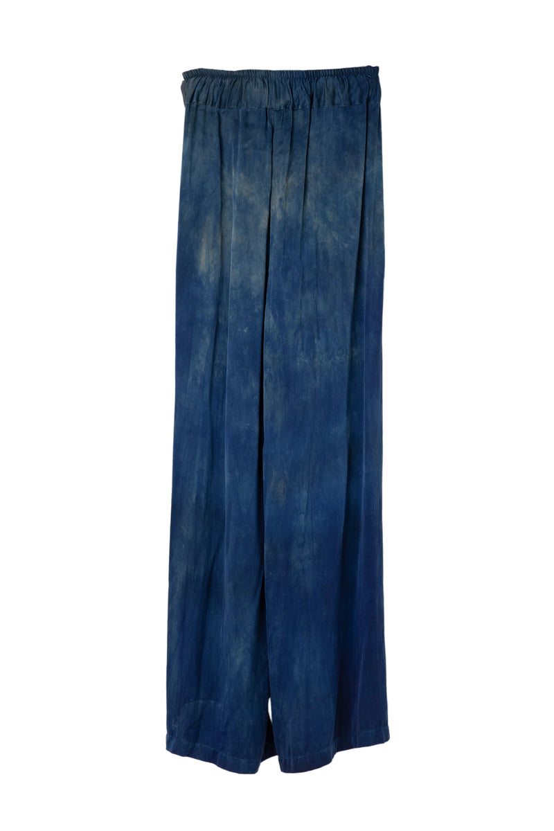 back of wide leg silk drawstring pants in sapphire blue color