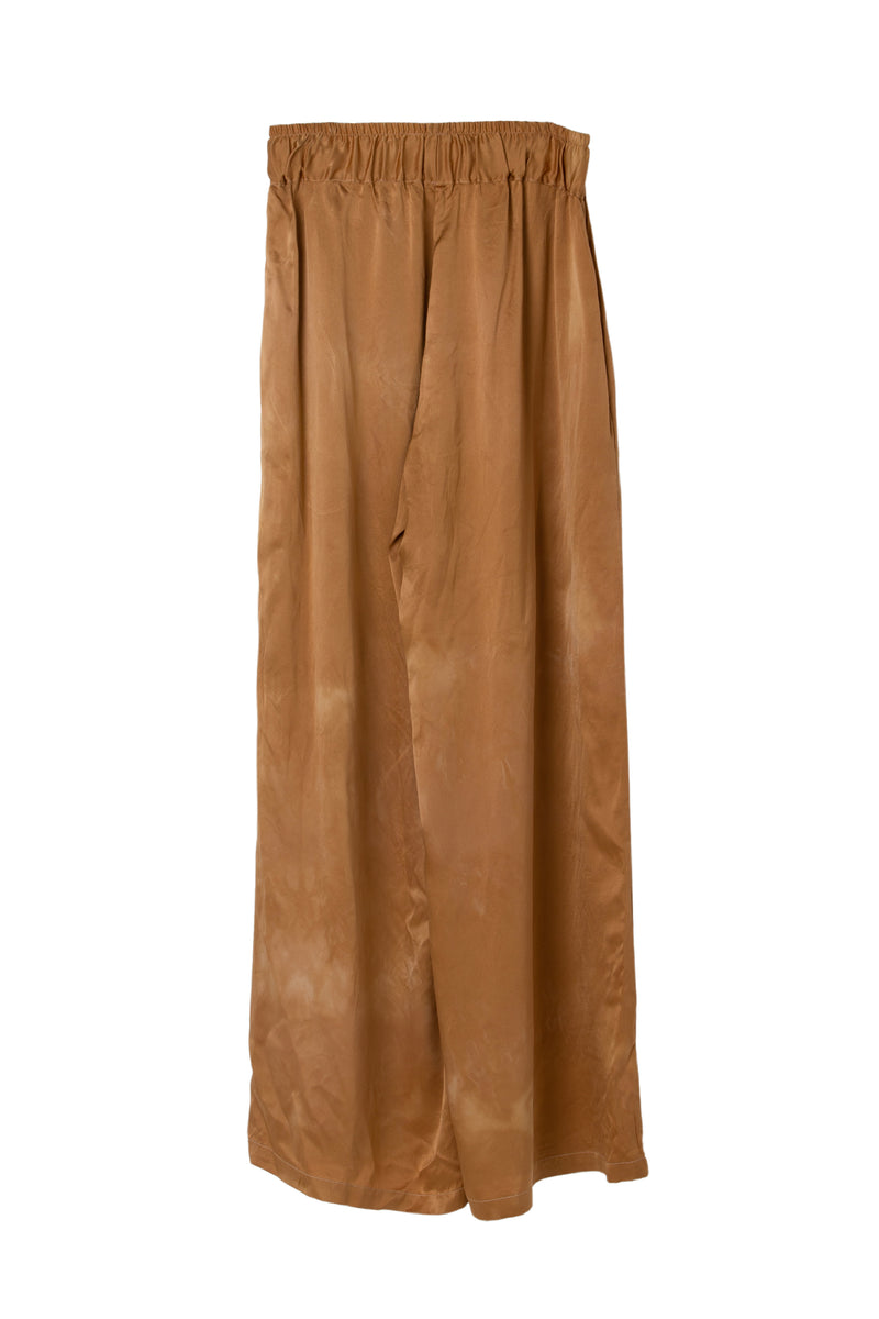 back of silk wide leg drawstring pants in muted copper color