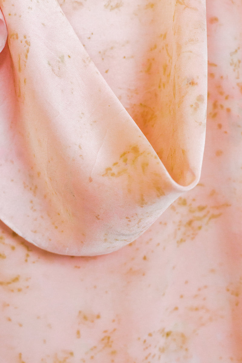 draped large silk scarf in light pink with golden brown rose petal markings
