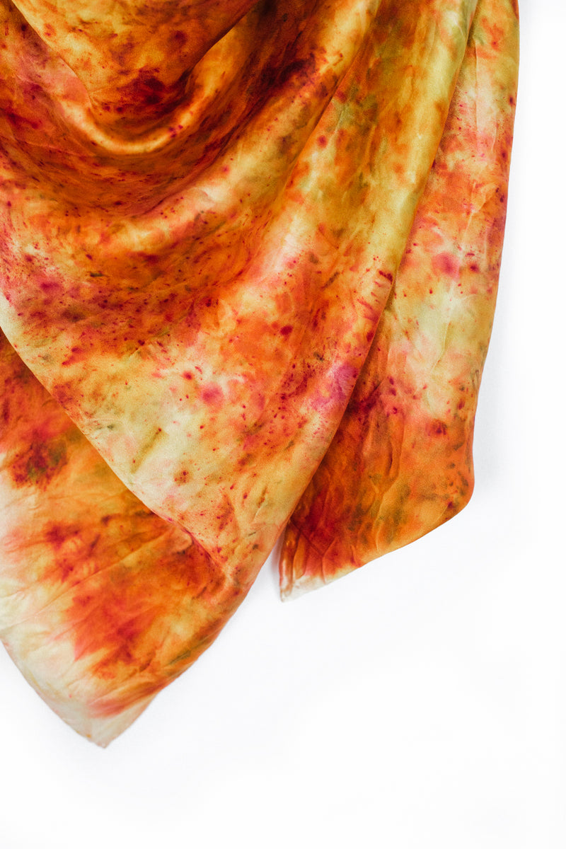 Silk Square Scarf with orange, red, and yellow unique markings